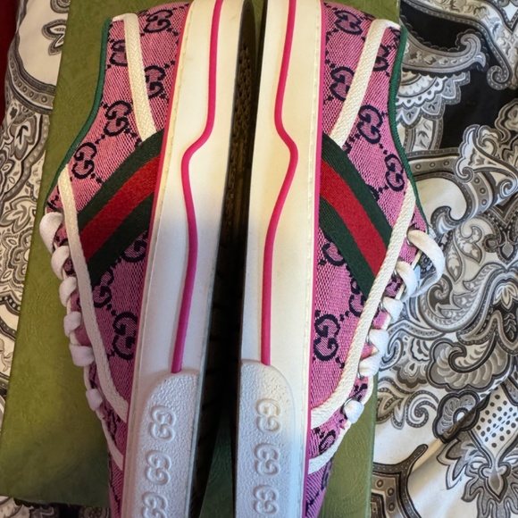 Auth!! Gucci Tennis GG Canvas Shelly Line Sneakers Pink - Picture 12 of 13